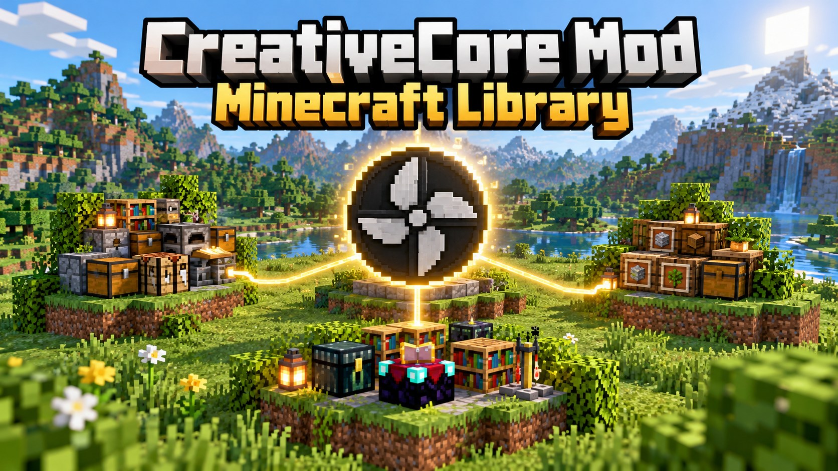 CreativeCore library artwork in a Minecraft block landscape
